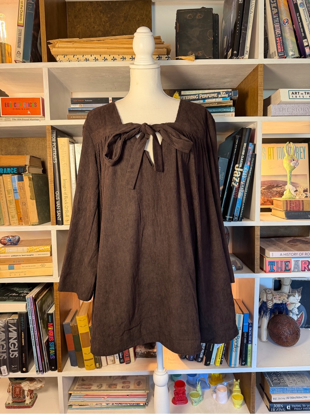 Women's Brown Tie-Neck Babydoll Smock Dress